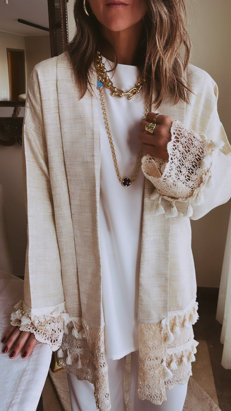 Beige Boho Detailed Mini Kimono