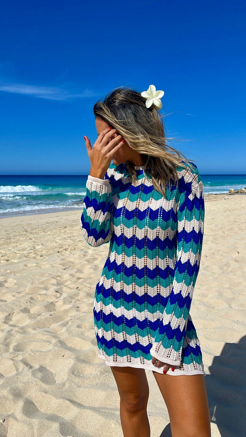 Blue Sand And Salt Backless Crochet Mini Dress