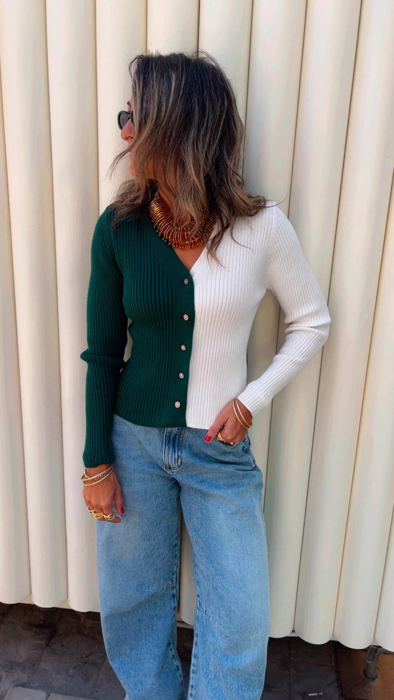 Green & White Contrast Knit Sweater