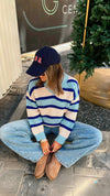 Blue & White Striped V Knit Pullover