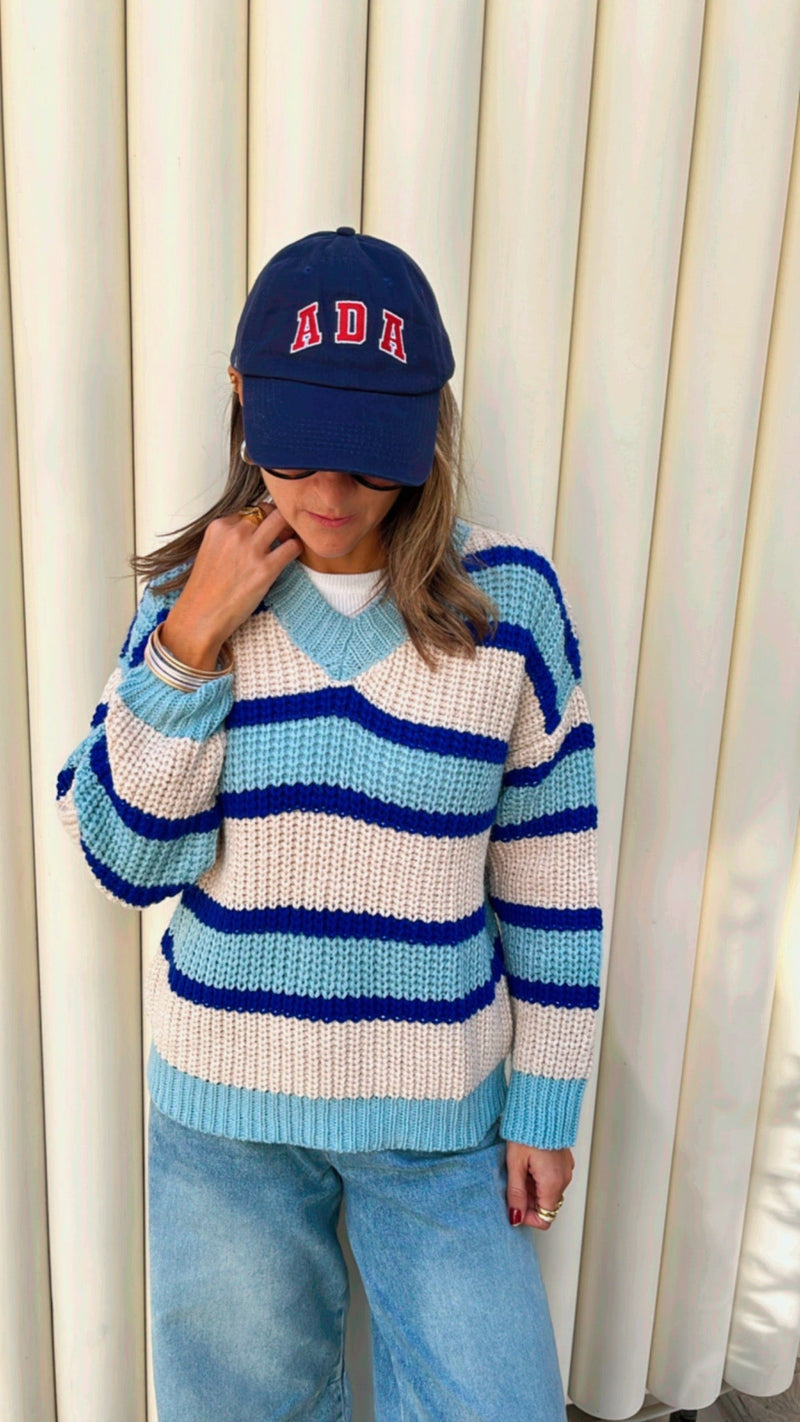 Blue & White Striped V Knit Pullover