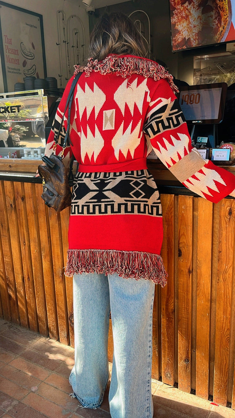 Red Belted Fringe Hobo Knit Cardi