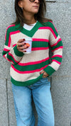 Green & White Striped V Knit Pullover