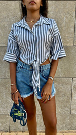 Black Strips and Stripes Cropped Front Tie Shirt