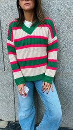 Green & White Striped V Knit Pullover