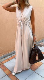 Beige Parachute Tie Waist Linen Jumpsuit