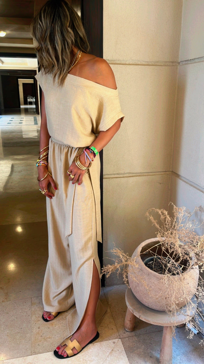 Beige Off Shoulder Belted Jumpsuit