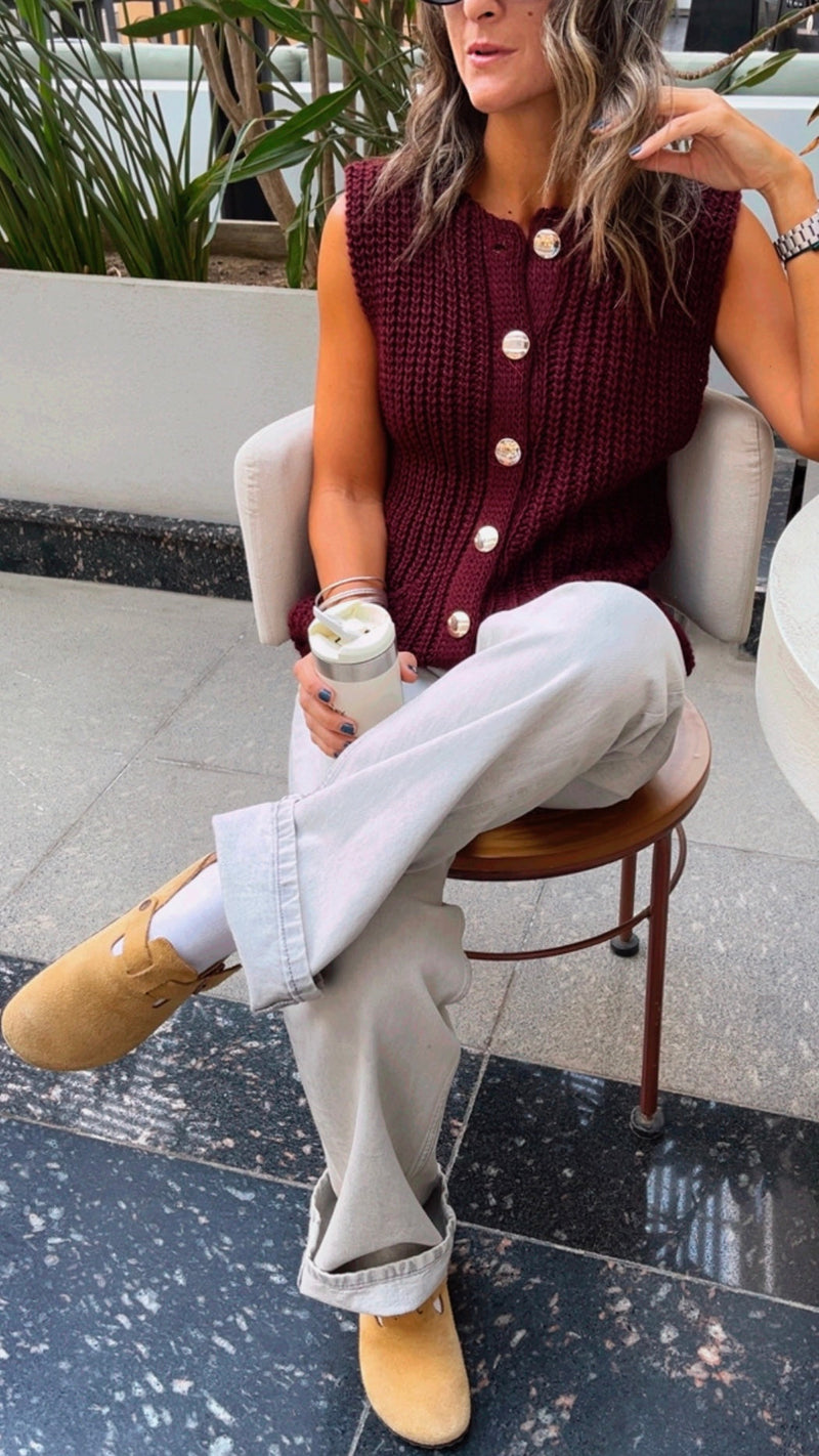 Burgundy Golden Button Knit Vest