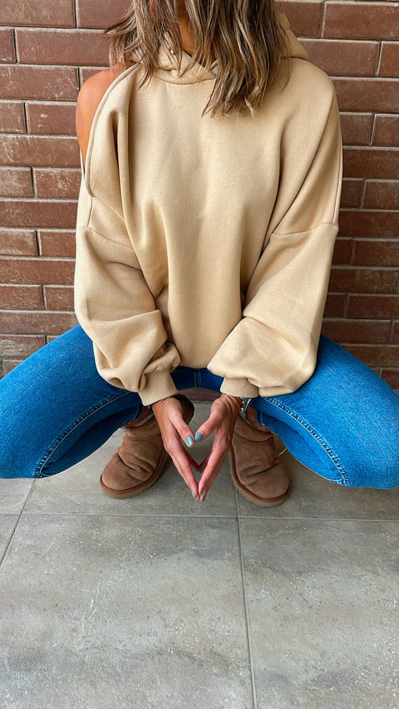 Beige Cut Out Shoulder Sweatshirt