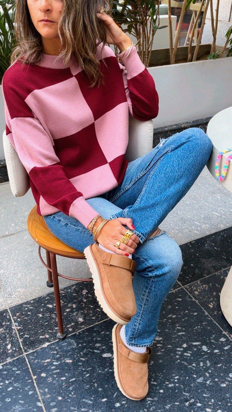 Pink & Burgundy Retro Inspired Checkered Jumper