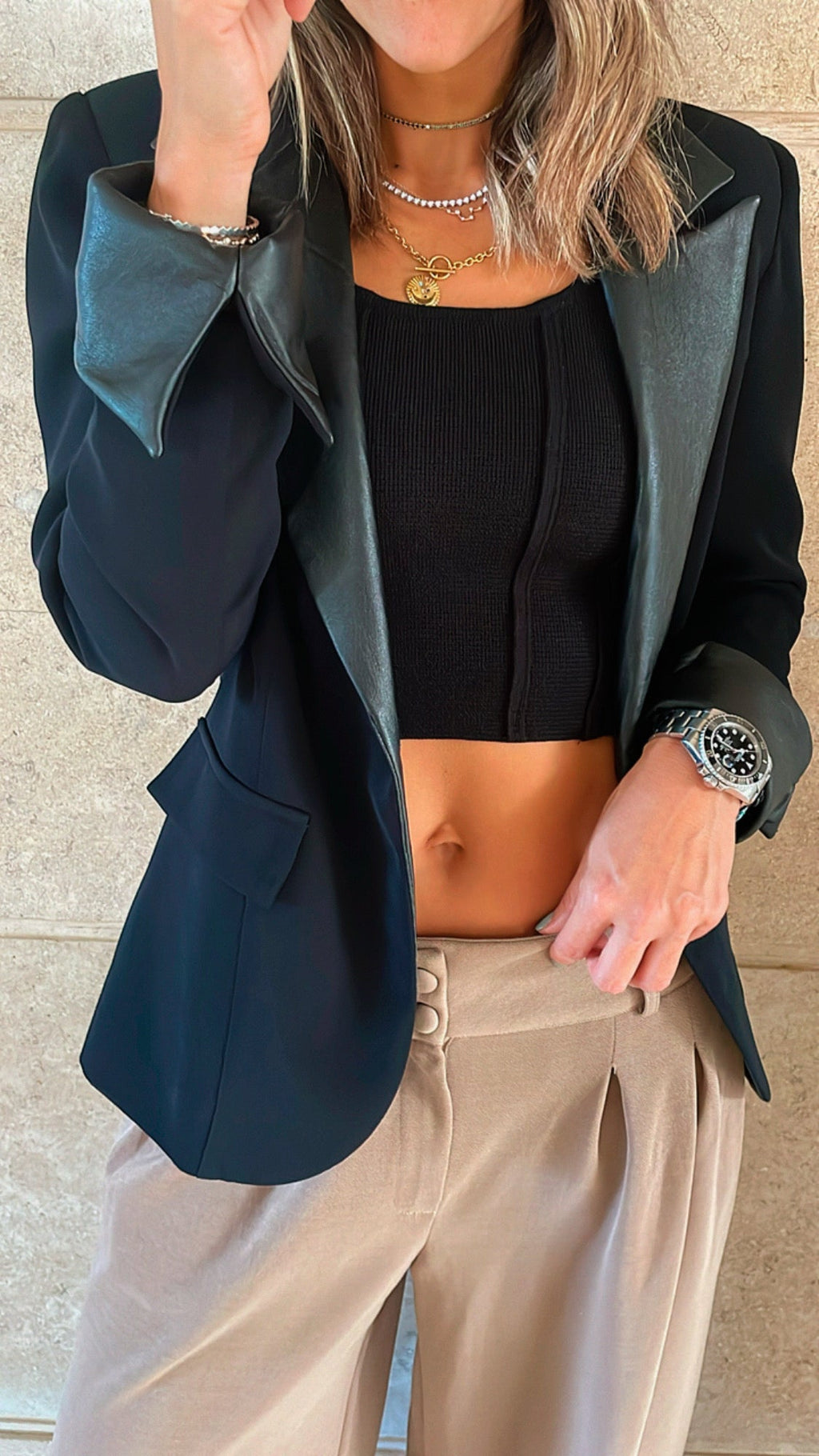 Black Leather Trim Blazer