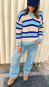 Blue & White Striped V Knit Pullover