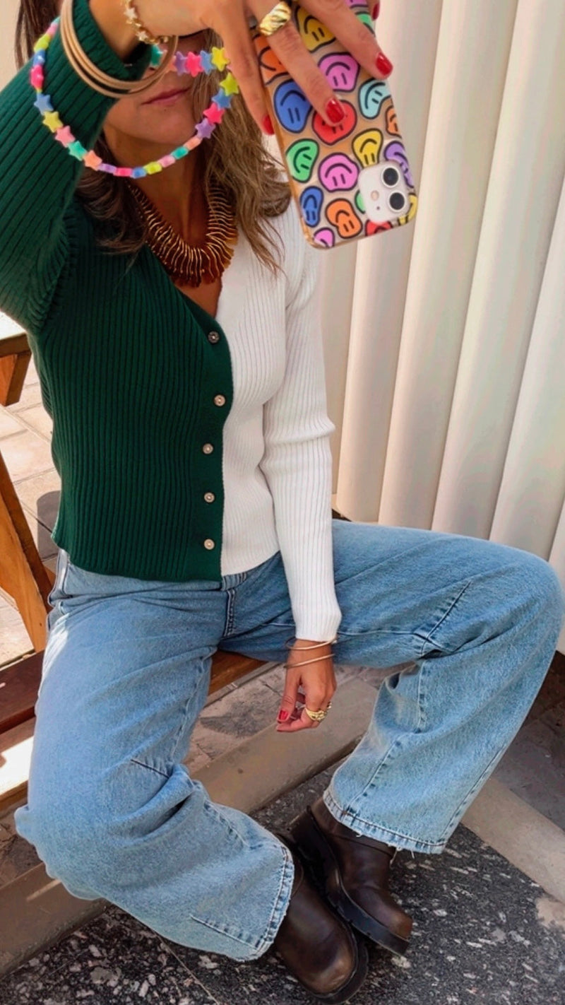 Green & White Contrast Knit Sweater