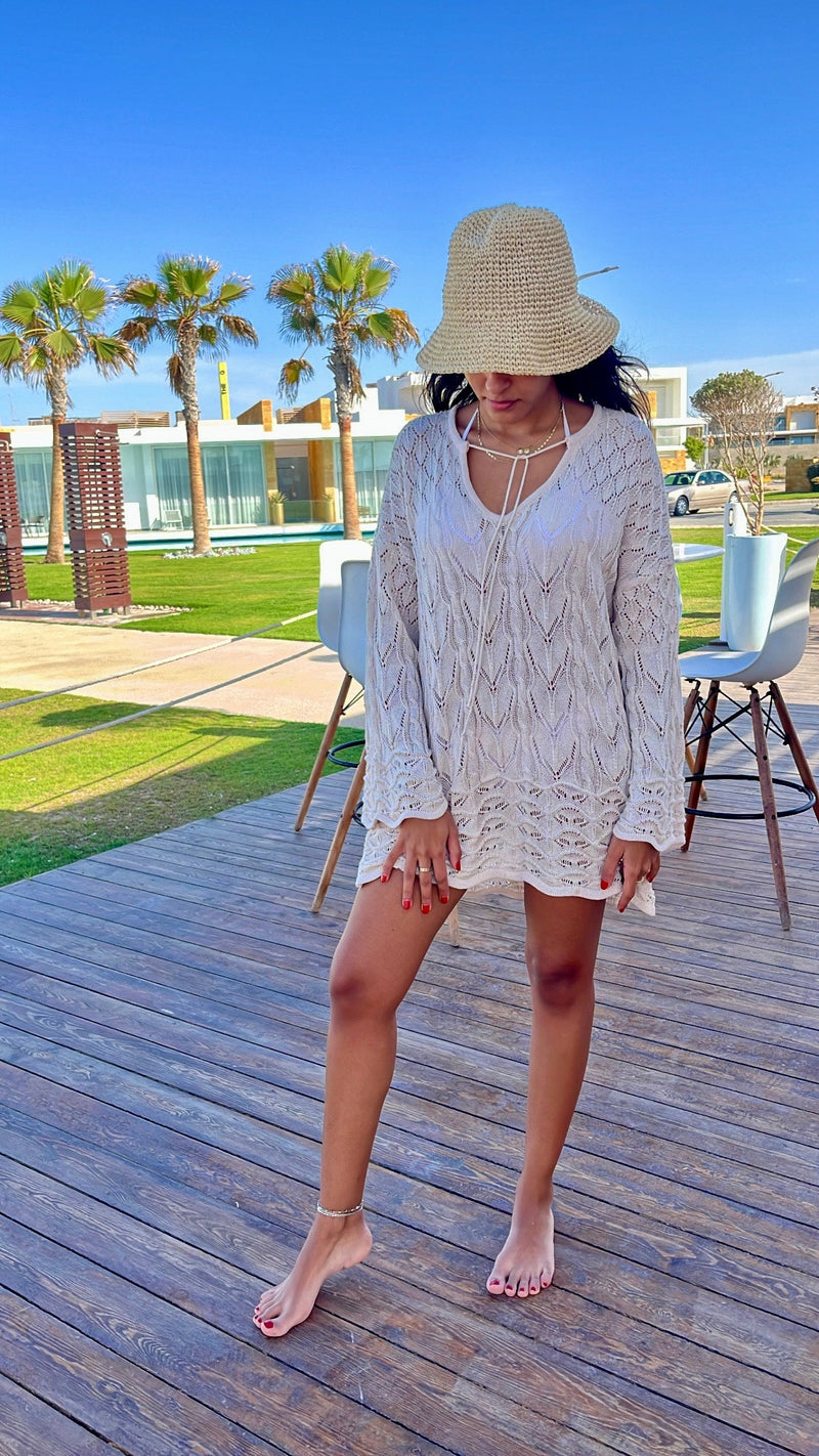 Beige Warm Weather Crochet Mini Dress