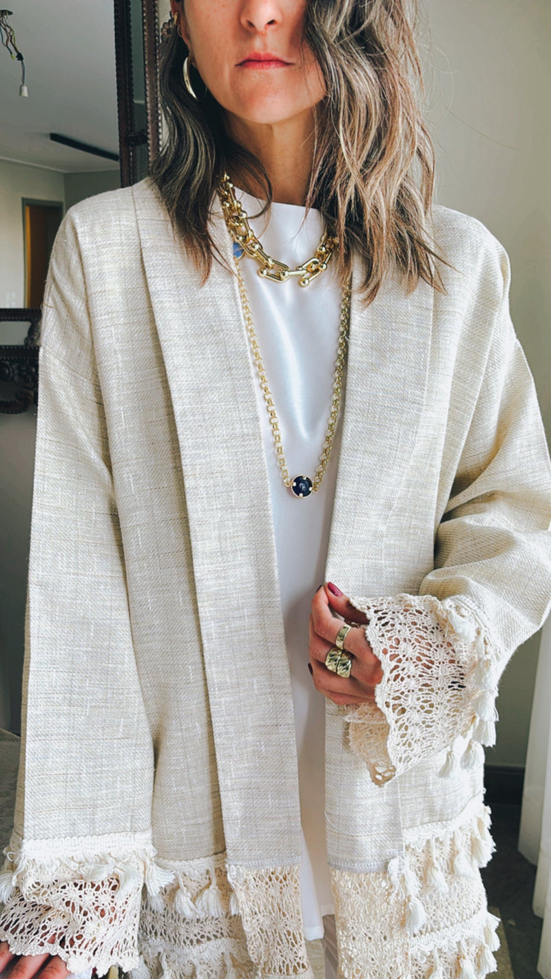 Beige Boho Detailed Mini Kimono