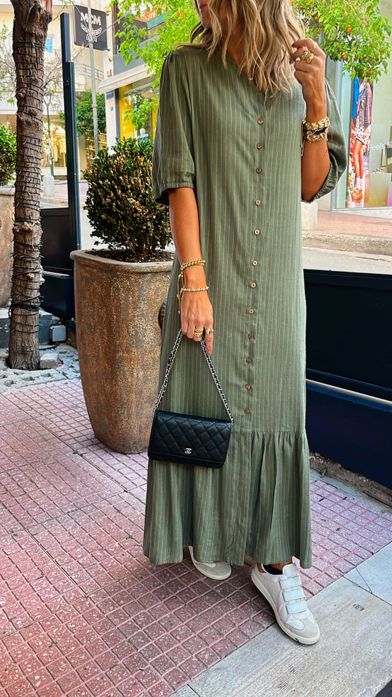 Olive Lined Times Button Linen Dress