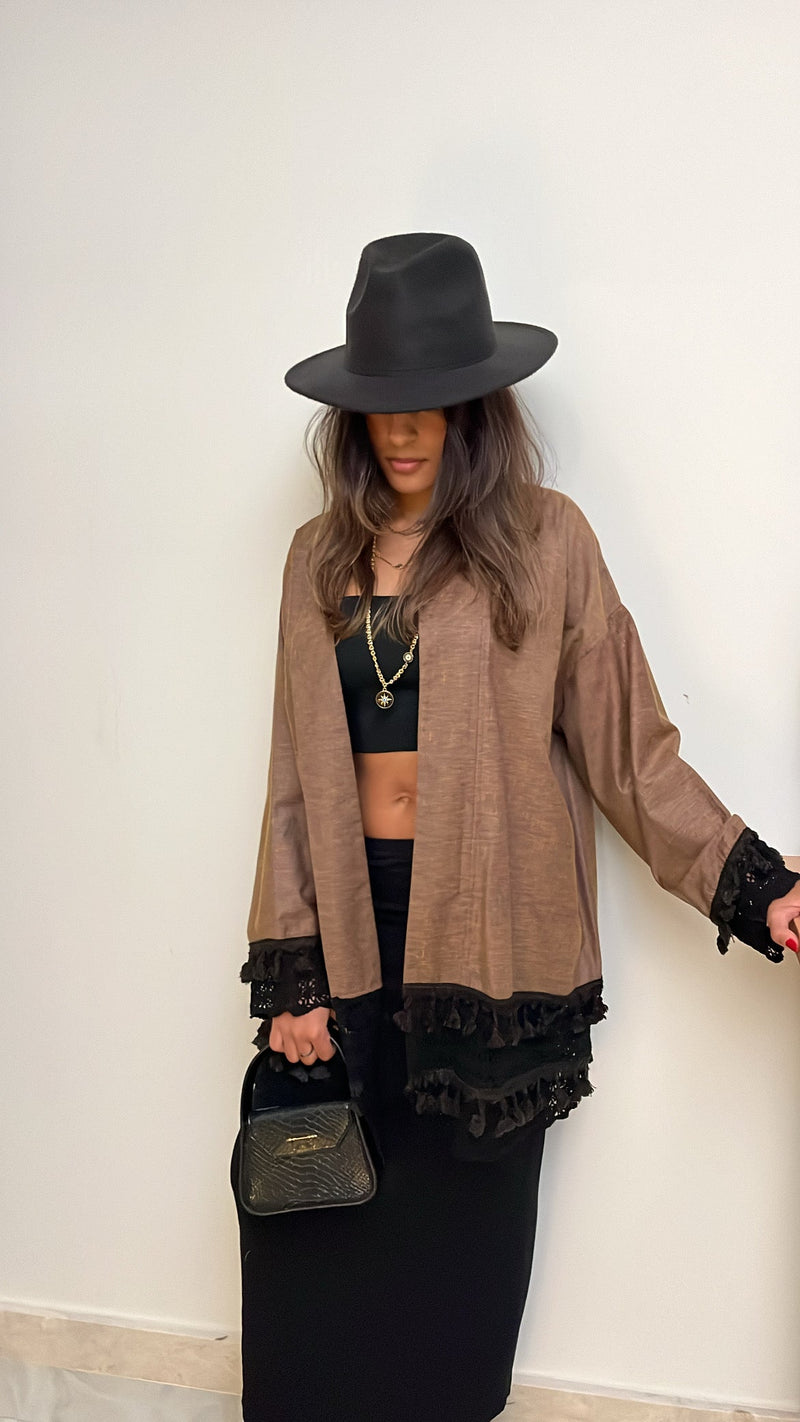 Brown Boho Detailed Mini Kimono