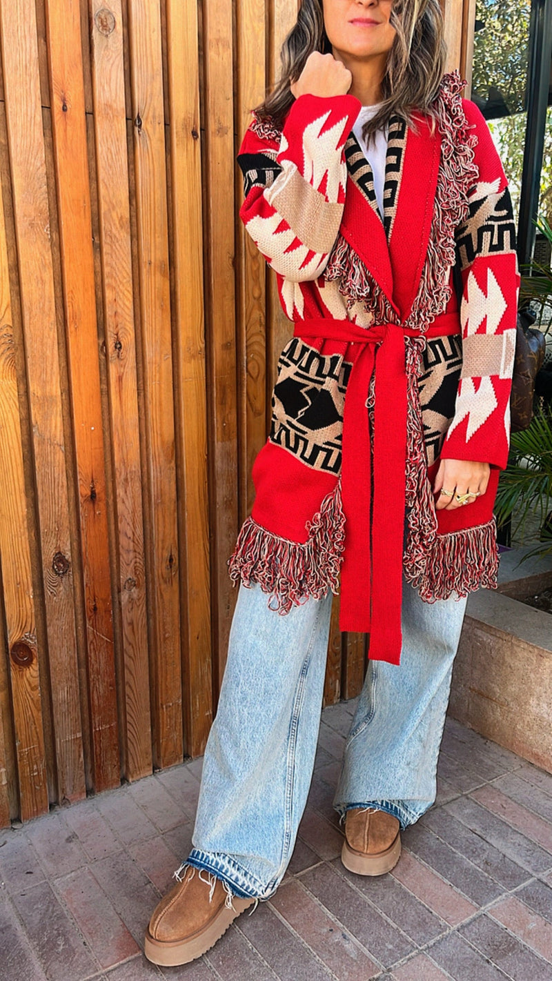 Red Belted Fringe Hobo Knit Cardi