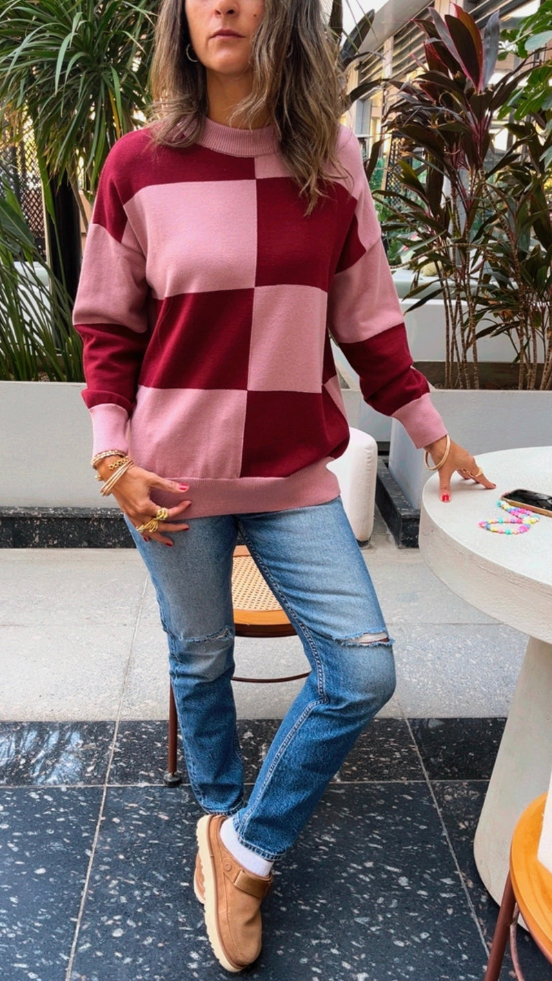 Pink & Burgundy Retro Inspired Checkered Jumper