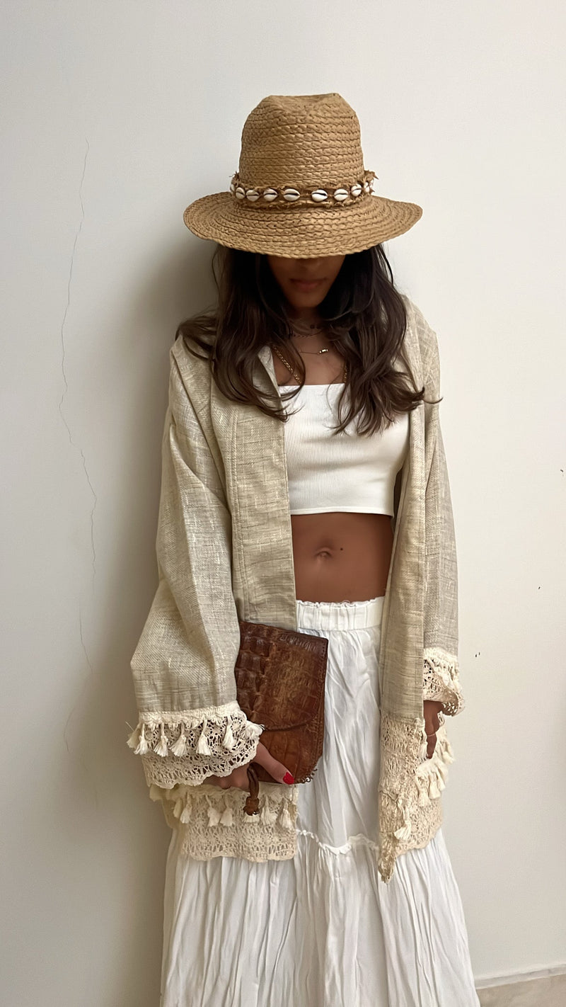 Beige Boho Detailed Mini Kimono