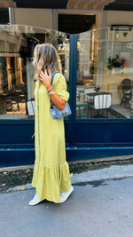 Lime Lined Times Button Linen Dress