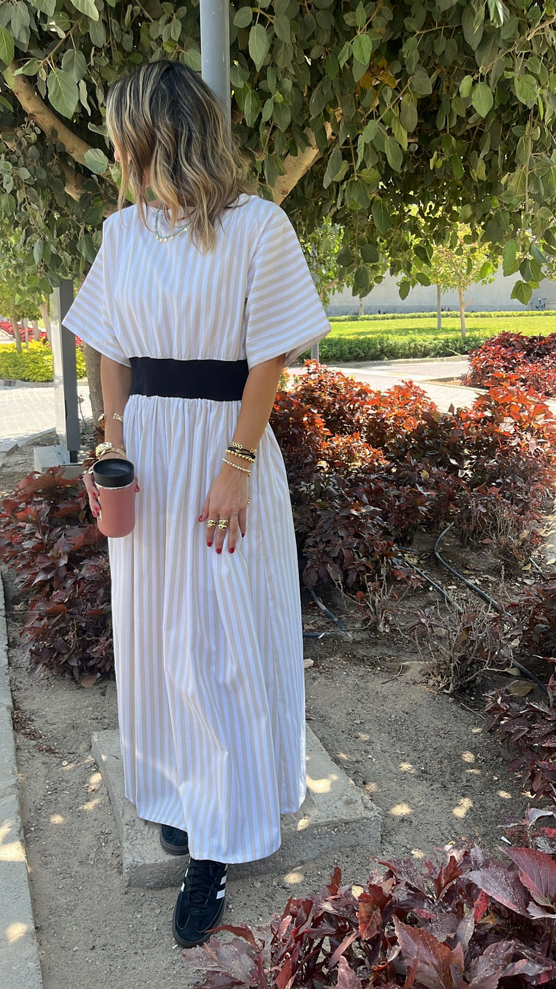 Beige Snatch Waist Stripe Dress