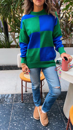 Blue & Green Retro Inspired Checkered Jumper