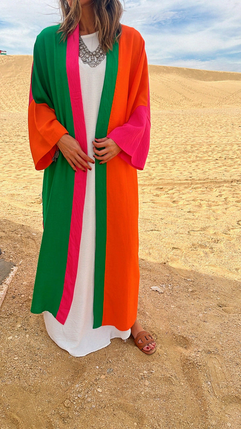 Orange & Green Color Block Kimono