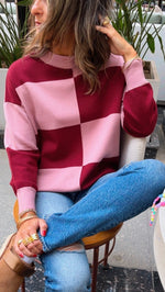 Pink & Burgundy Retro Inspired Checkered Jumper