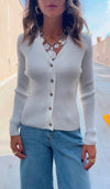 White Contour Buttoned Cardigan