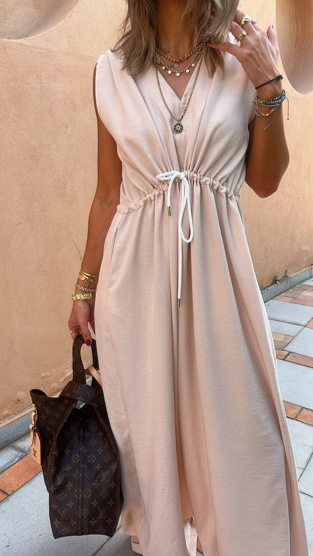 Beige Parachute Tie Waist Linen Jumpsuit