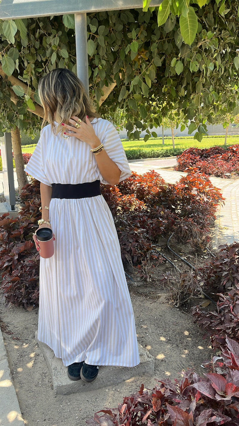 Beige Snatch Waist Stripe Dress