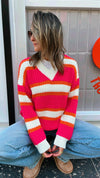 Fuchsia & White Striped V Knit Pullover