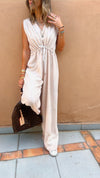 Beige Parachute Tie Waist Linen Jumpsuit