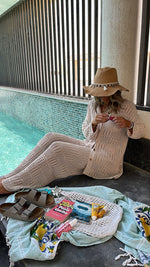 Beige Vacation Check Crochet Shirt Set