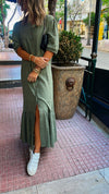 Olive Lined Times Button Linen Dress