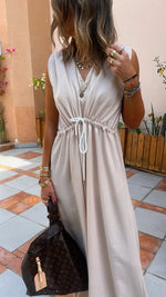 Beige Parachute Tie Waist Linen Jumpsuit