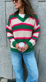 Green & White Striped V Knit Pullover