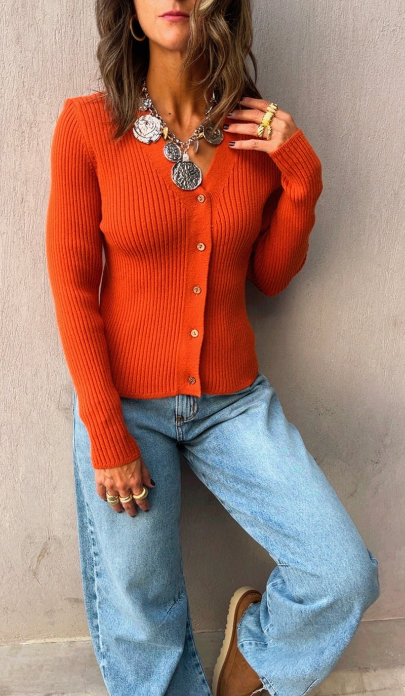 Rust Contour Buttoned Cardigan