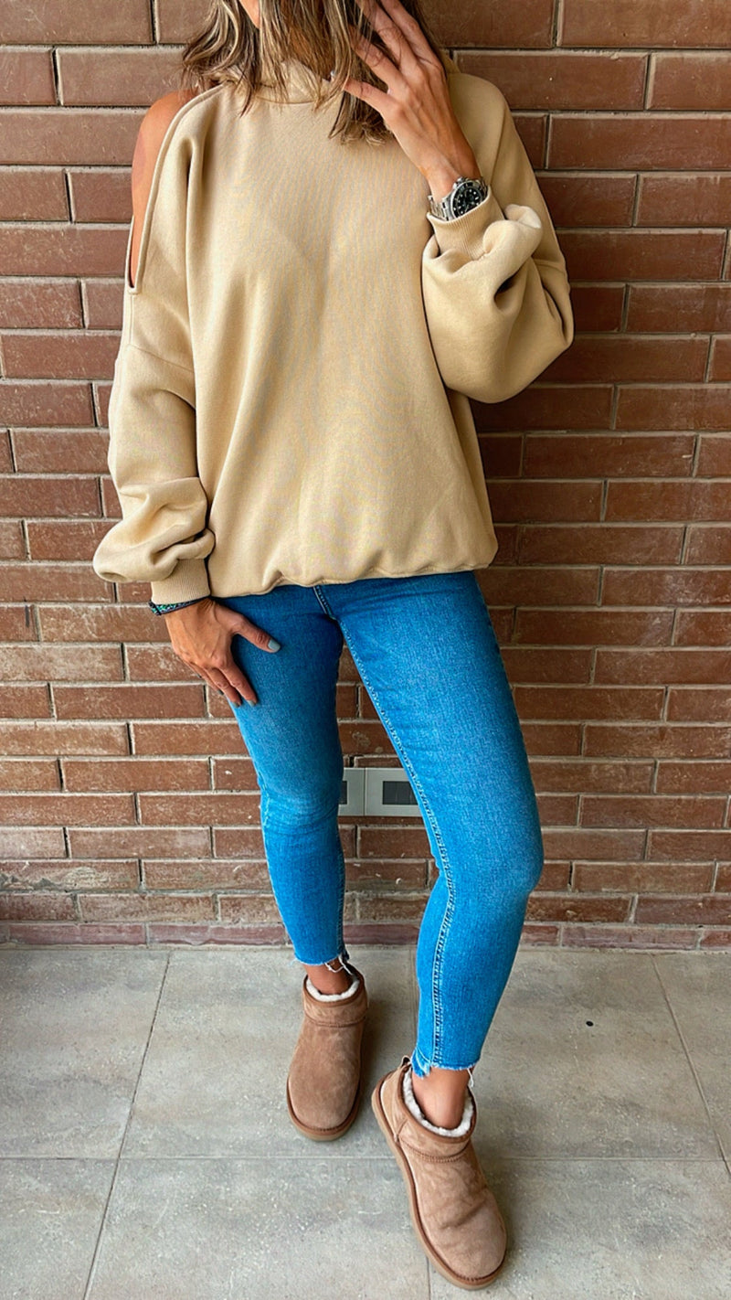 Beige Cut Out Shoulder Sweatshirt