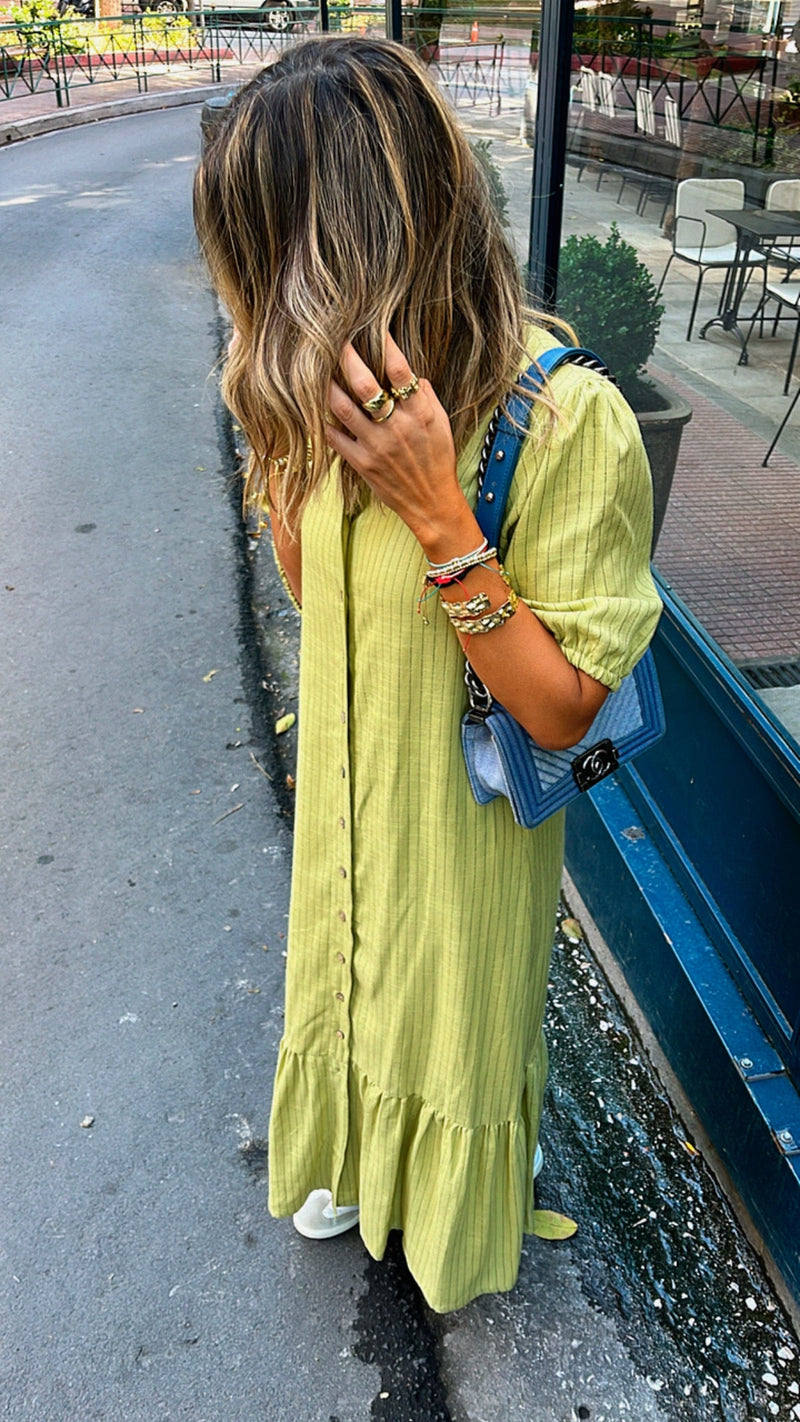 Lime Lined Times Button Linen Dress