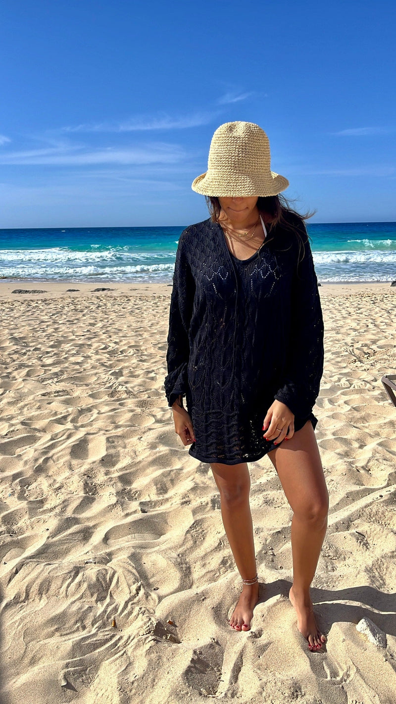 Black Warm Weather Crochet Mini Dress