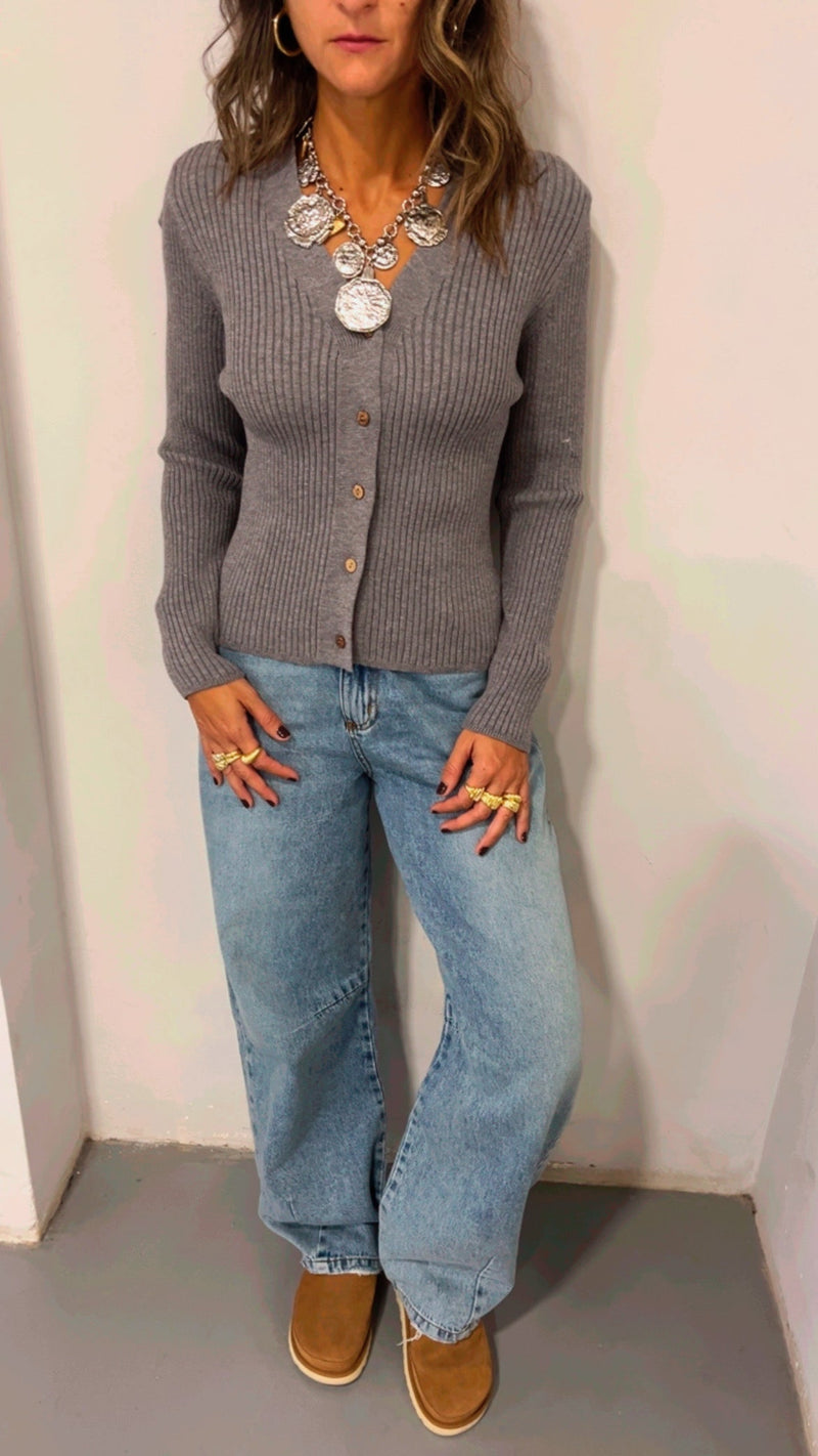 Grey Contour Buttoned Cardigan