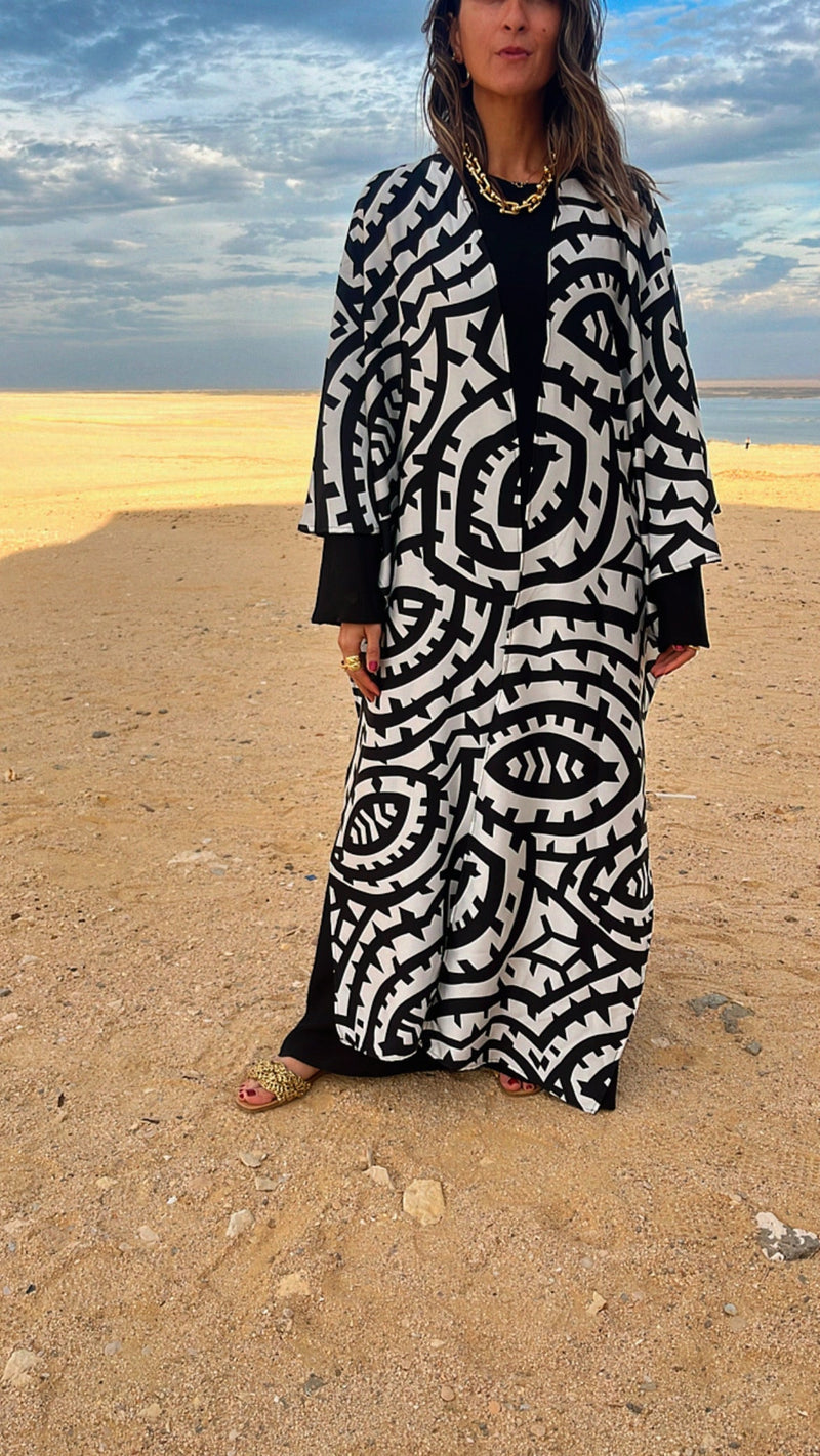 Black Abstract Monochrome Kimono Set