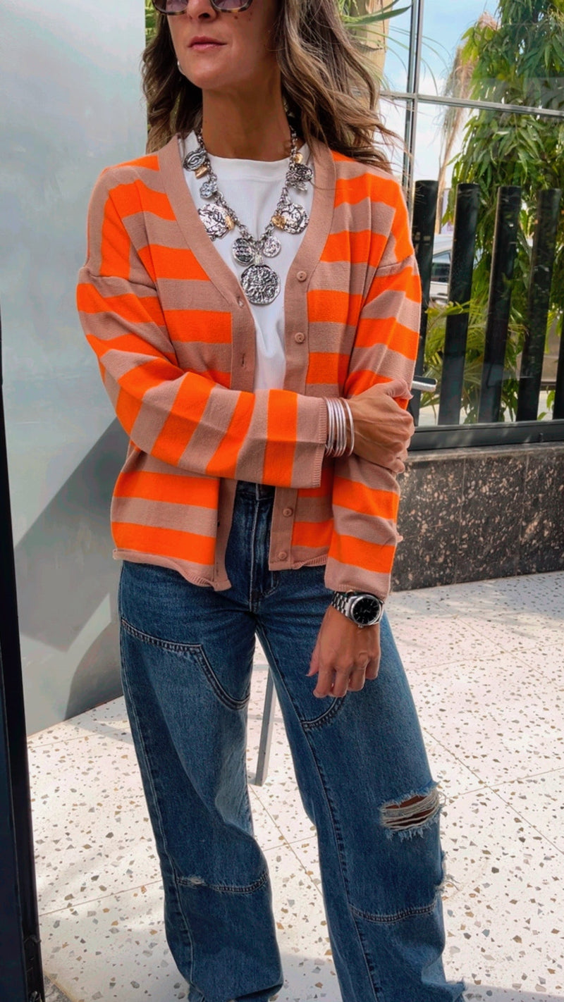 Orange Striped Everyday Light Knit Cardigan