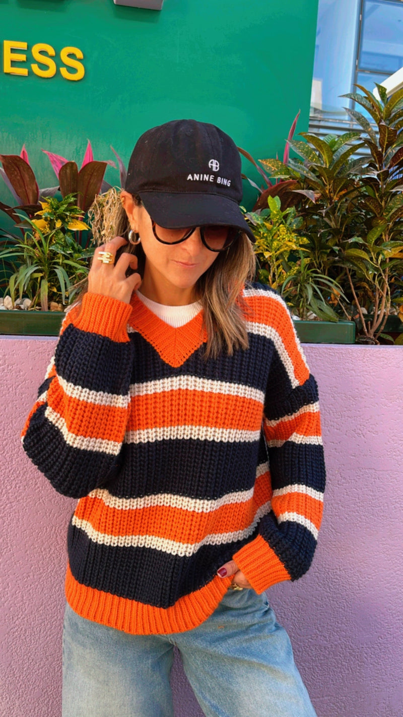 Black & Orange Striped V Knit Pullover