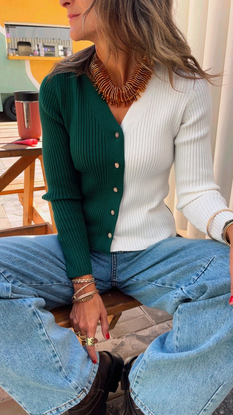 Green & White Contrast Knit Sweater