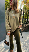 Olive Ribbed Knit Flare