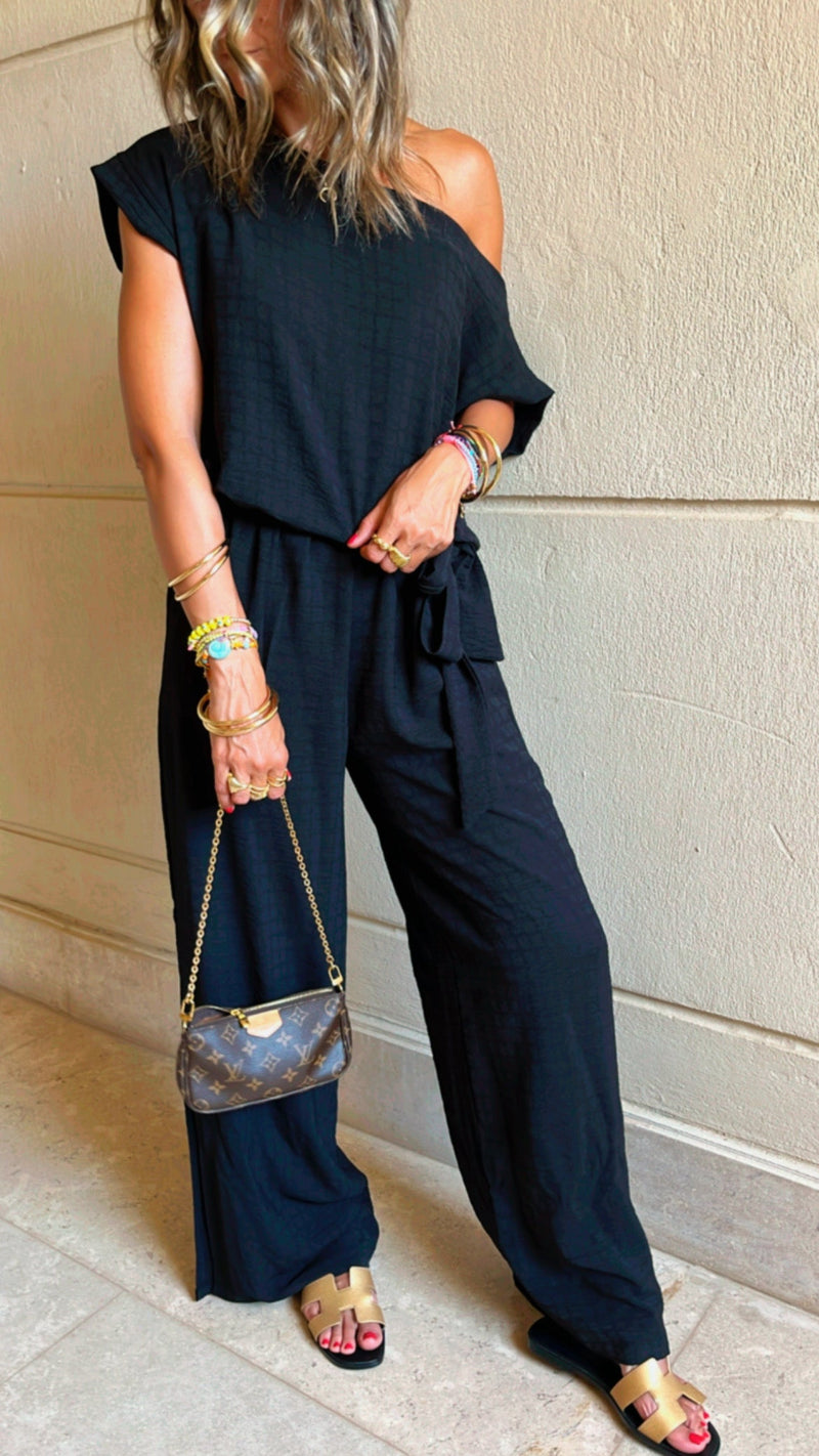 Black Off Shoulder Belted Jumpsuit