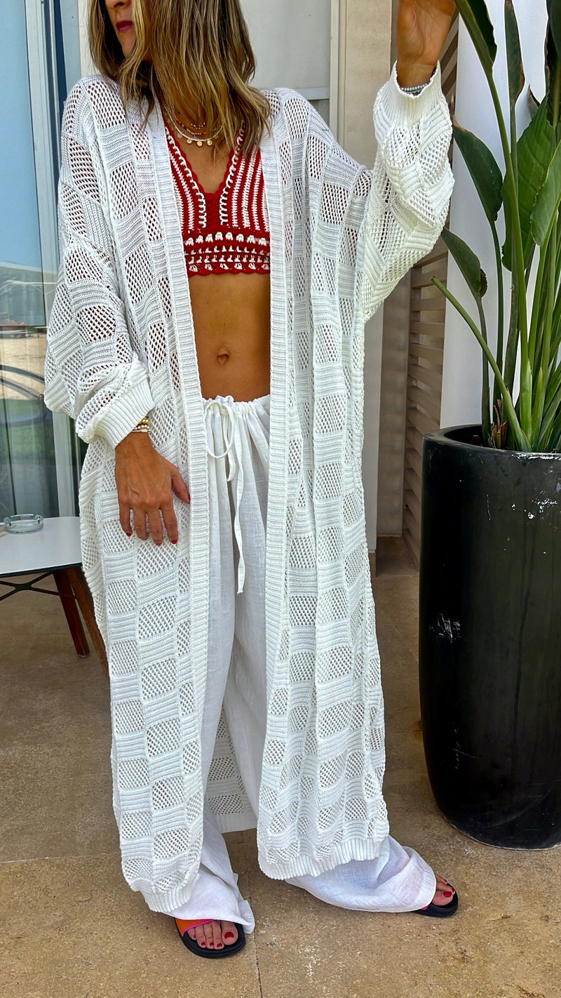 White Boxes Boxes Longline Crochet Kimono